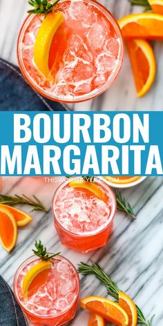 bourbon margaritas with orange slices and rosemary garnish on the rim in glasses