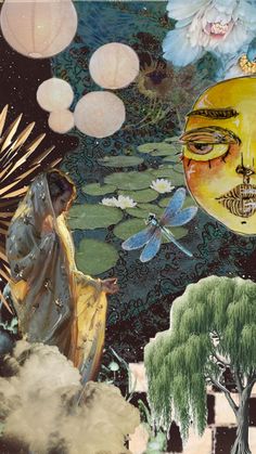 an artistic collage with flowers, trees and a woman in yellow dress looking at the sky