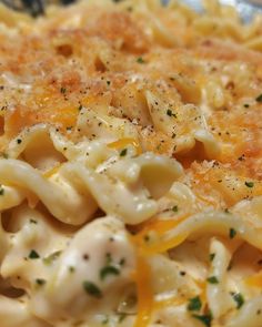 a close up view of a pasta dish with cheese and parmesan on it