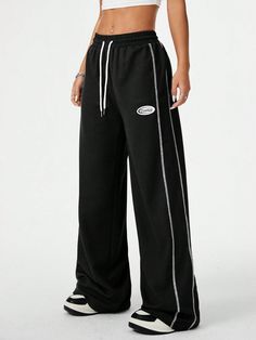 Women's Streetwear Sportswear Blockcore Letter Sport Biker Woven Tape Style White Contrast Side Stripe Casual Texture Sweatpants Black    Knitted Fabric Colorblock,Letter,Striped Wide Leg Slight Stretch  Women Clothing, size features are:Bust: ,Length: ,Sleeve Length: Cheap Streetwear Sweatpants With Three Stripes, Cheap Athleisure Bottoms With Letter Print, Nike Tech Fleece Blanc Gris Noir, Nike Tech Fleece Womens Set, Sporty High Waist Bottoms With Letter Print, Sporty High-waist Bottoms With Letter Print, Sporty Bottoms With Letter Print, Sporty High Waist Activewear For Streetwear, Sporty High-waist Pants For Leisure