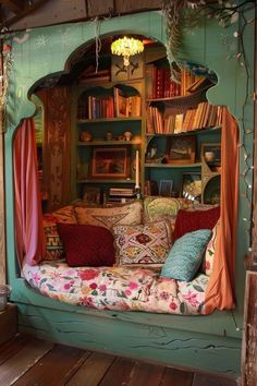 a room with a couch, bookshelf and shelves