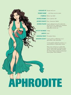 the cover of aphrodite, with an illustration of a woman in a green dress