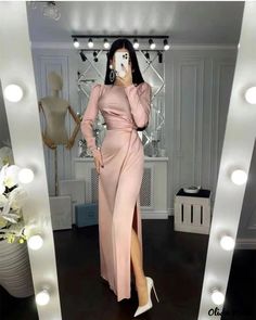 Olivia Mark - Elegant and Stylish Irregularly Cut Bodycon Dress with Waist Tie - Long Sleeves, Solid Color Winter Formal Maxi Dress High Neck Bridesmaid Dresses, Bridesmaid Dresses Satin, Solid Maxi Dress, Dress Elegant Long, Long Dresses Elegant, European Dress, Evening Gowns Elegant, Bodycon Dress Parties, Dress Satin