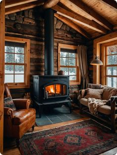 a wood burning stove in a log cabin with leather chairs and rugs on the floor