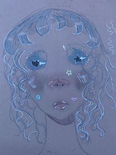 a drawing of a girl with blue eyes and curly hair