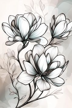 three white flowers with black stems on a gray and white background, drawn by hand