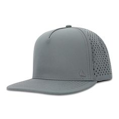 a grey hat with perforated mesh on the front and side panel, in profile