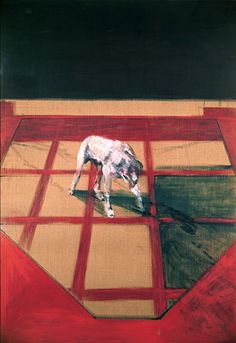 a painting of a white dog standing on top of a red and blue area with squares