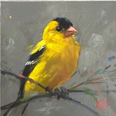 a painting of a yellow bird perched on a branch