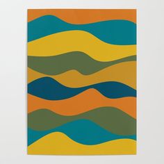 an orange, blue and green abstract painting with wavy lines on the bottom half of it