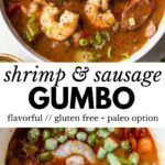 shrimp and sausage gumbo in a white bowl