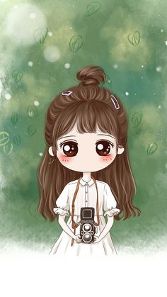 a girl holding a camera in her hand and wearing a white dress with long brown hair