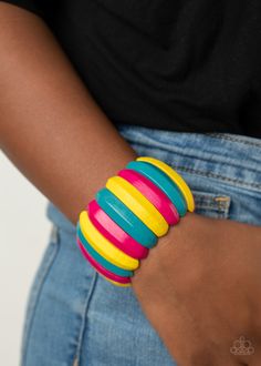 Painted in blue, yellow, and Pink Peacock finishes, beveled wooden frames are threaded along stretchy bands around the wrist for a summery look

 Sold as one individual bracelet. Multi Bracelet, Pink Peacock, Wooden Bracelet, Wood Bracelet, Crystal Bangle, Sunny Yellow, Yellow And Pink, Bracelet Online, March 27