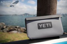 an electronic device sitting on the hood of a car near water and trees in the background