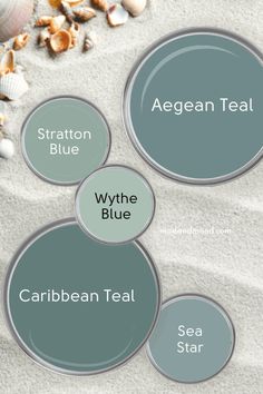 the different shades of blue and green are shown in this graphic style, with shells scattered around