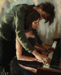 a painting of a man and woman playing the piano