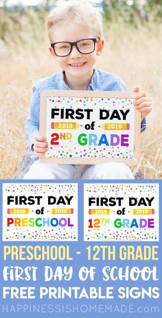 a young boy holding up a sign with the words first day of school on it