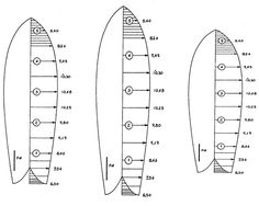 a drawing of a surfboard with measurements for the bottom and side sections, from an old book