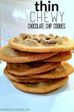 chocolate chip cookies stacked on top of each other with the words thin chewy above them