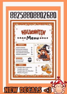 the halloween menu is displayed on an orange background