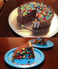 there is a chocolate cake with sprinkles on the top and one has a slice taken out