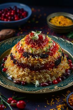 Persian rice dish topped with saffron, barberries, and herbs, surrounded by cranberries on a decorative plate. Baked Rice Recipes Oven, Iranian Rice, Afghan Rice, Assyrian Recipes, Turkish Recipe