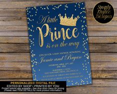 blue and gold prince is on the way baby shower or bridal party printable