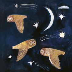 three owls flying in the night sky with stars