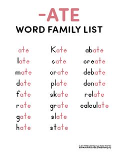 the word family list is shown in pink and black with red letters on white background