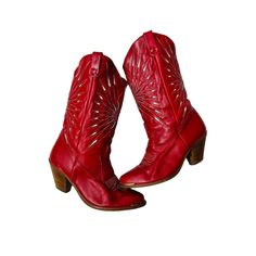 Vintage Red  Boots Comes from a smoke free, pet friendly home Preowned, vintage condition Tagged size 6.5 M Measures 12 inches top to bottom Approximately 2 inch heel Leather has creasing from wear Photos are part of the items description Womens Western Boots, Cowboy Boots Womens, Boots Cowgirl, Vintage Cowboy Boots, Western Boots Women, Vintage Cowboy, Red Boots, Cowboy Boots Women, Boots Womens