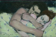 a painting of a man and woman cuddling on a bed