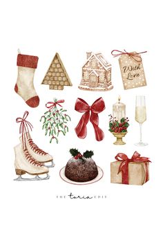 a watercolor painting of christmas items and gifts