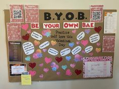 a bulletin board that has been decorated with hearts and other things to say on it