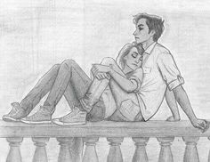 a pencil drawing of two people sitting on a bench