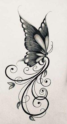 a black and white drawing of a butterfly with swirls on it's wings