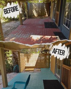 before and after photos of an outdoor patio remodel