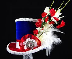 Red, White, and Blue, Stars and Stripes, 4th of July, Independence Day Mini Top Hat Fascinator, Alice in Wonderland, Tea Party, Derby Hat Cheap White Patriotic Hat, White Patriotic Hat With Curved Bill, Patriotic White Hat With Curved Bill, Top Hat With Red Ribbon, Top Hat Fascinator, Patriotic Hats For Outdoor, One Size Fits Most, Red White And Blue Stars, Diy Couples Costumes, Jeff Goldblum