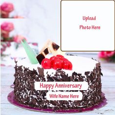 a happy anniversary cake with cherries on top and an upload photo here sign