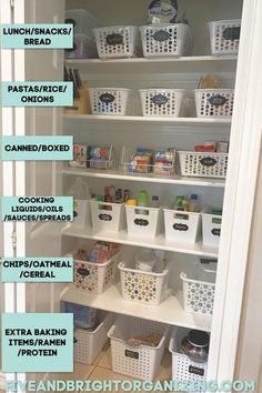 an organized pantry with lots of bins and baskets on the bottom shelf, labeled