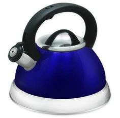 a blue tea kettle sitting on top of a white table next to a black handle