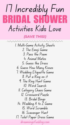 List of 17 incredibly fun bridal shower activities for kids fun for adults and kids alike. Includes the emoji game (emoji pictionary), pass the poem, guess the dress bridal shower game, guess how many kisses bridal shower game, and more. Funny Bridal Shower Games, Kisses Bridal Shower Game, Toilet Paper Dress, Guess The Dress Bridal Shower, Kids Bridal, Shower Activities