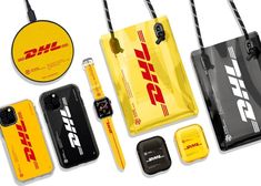 an assortment of cell phones and accessories are arranged on a white surface with yellow tags