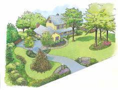 this is an artist's rendering of a house in the country side with trees and flowers