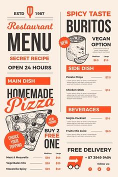 a restaurant menu with an image of pizza