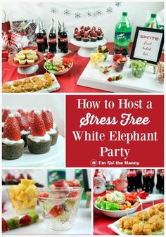 White Elephant Holiday Party, Elephant Game Christmas, Neighbor Christmas Party Ideas, White Elephant Party Decorations, Kabob Bar, Fruit Kabob, White Elephant Christmas