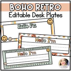 two editable printable desk plates with the words hello, i'm and hello