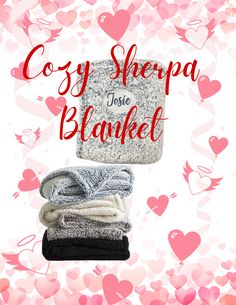 the cover of cozy sherpa blanket, with hearts in pink and white background