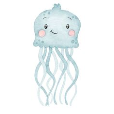 a watercolor drawing of a jellyfish with pink cheeks and eyes on it's face