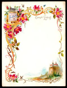 an old fashioned card with flowers and a castle in the background that says campbell fields