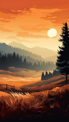 a painting of a sunset with trees and hills in the background